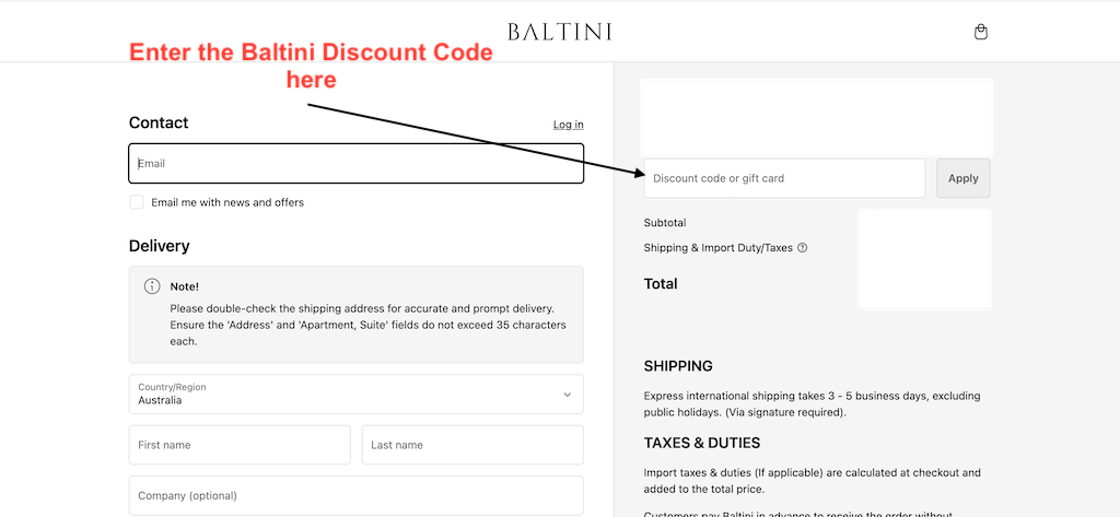 How to use a Baltini Discount Code