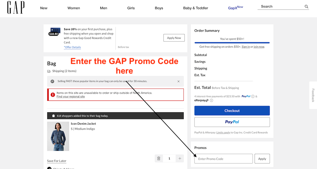 How to add a GAP promo code to your order