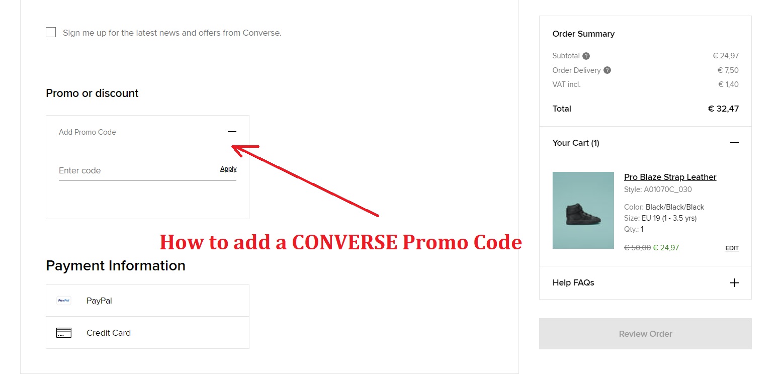 How to add a CONVERSE Promo Code