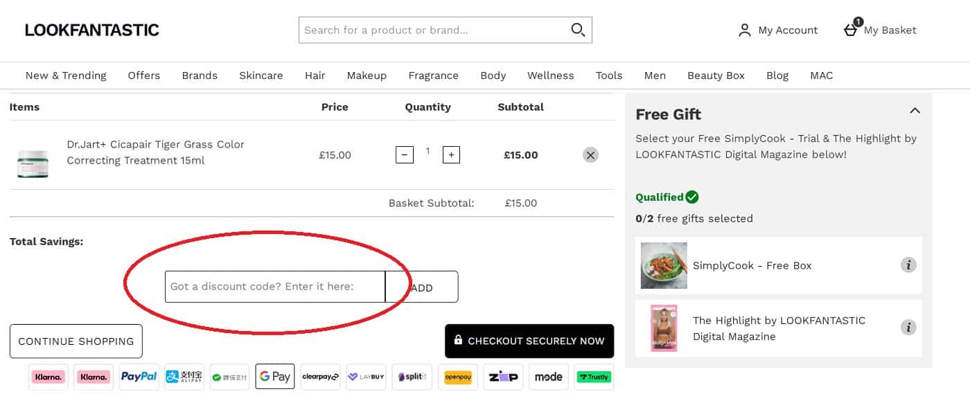 How do I add a LookFantastic discount code to my order?