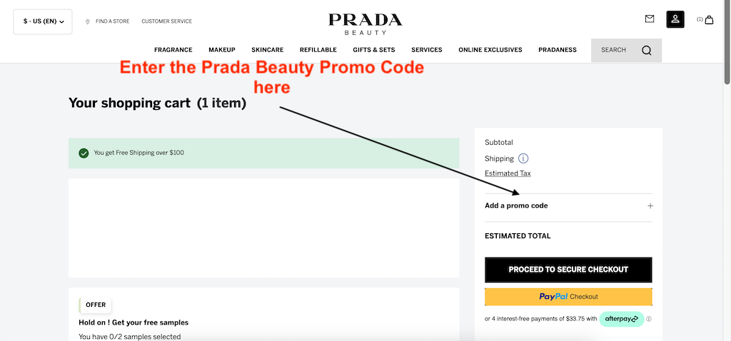 How to add a PRADA promotional code